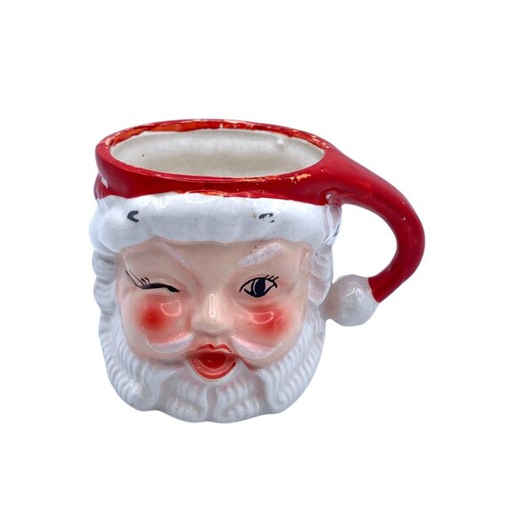 Vintage Santa Claus Ceramic Mug Winking Face Christmas Holiday Decor Cup 3" 50's - Picture 1 of 10